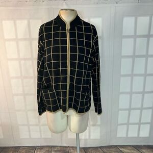 Talbots Black Tan Windowpane Plaid Knitted Zip Up Cardigan Sweater Size Large